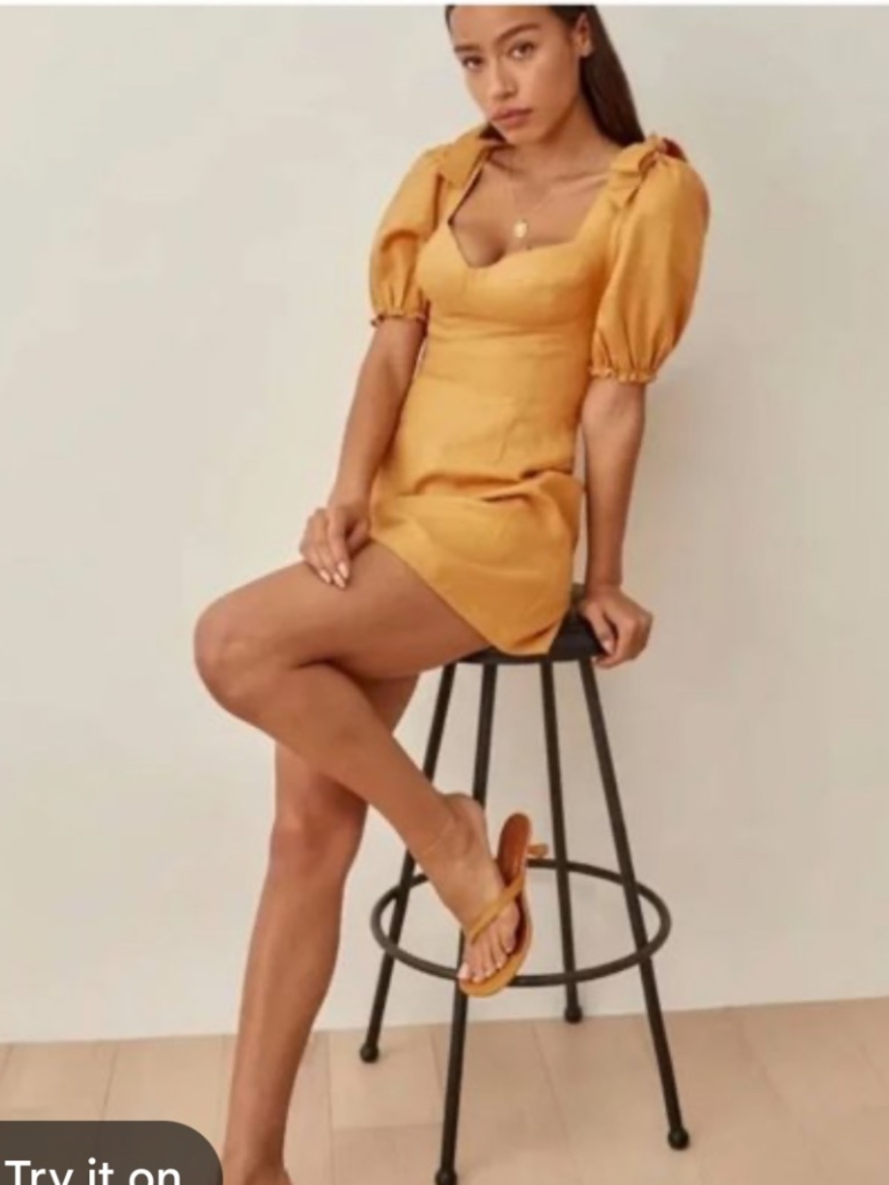 NWOT Reformation | 100% linen, Mustard Puff-Sleeve Mini Dress - Picture 2 of 10